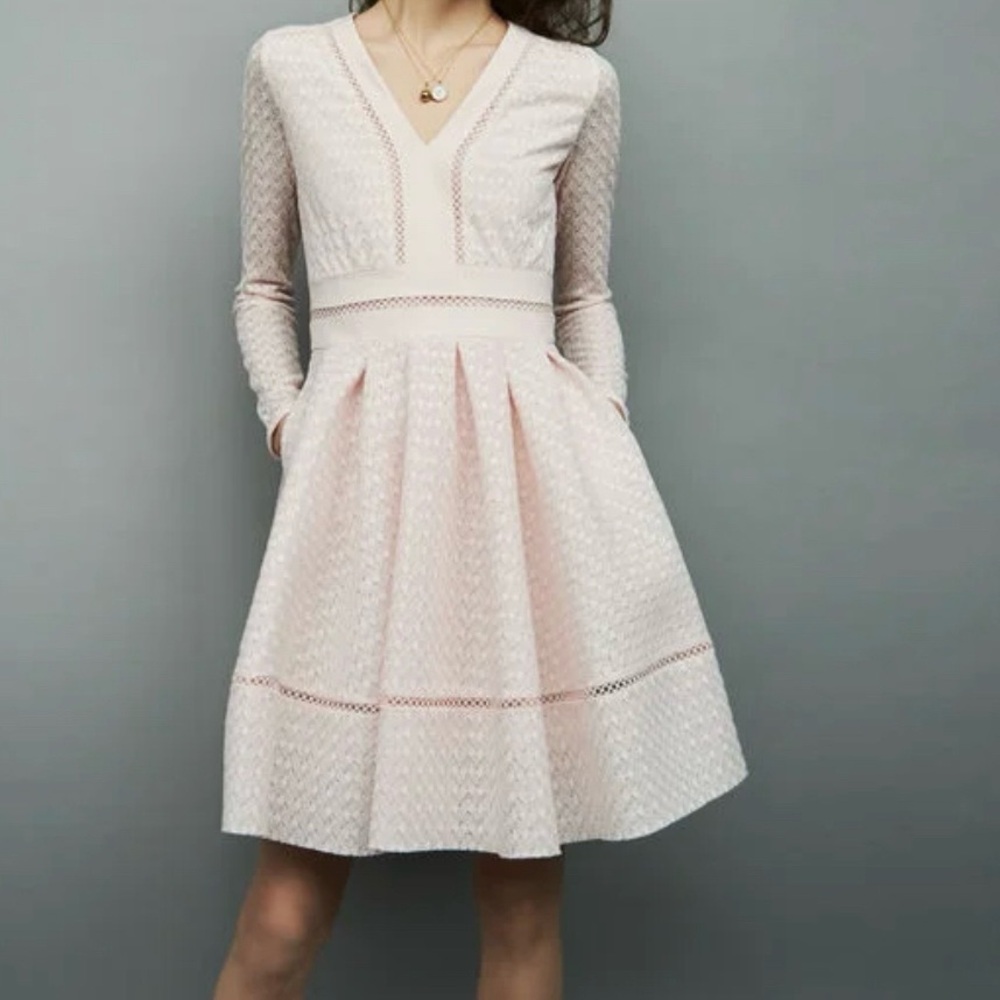 Maje Pink Pleated Long Sleeve V-Neck Dress